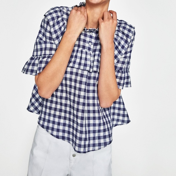 ZARA WOMAN GINGHAM BLOUSE WITH RUFFLES - Picture 2 of 8